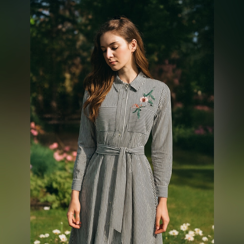 [s] ETAM Paris Dress striped nautical embroidered floral cotton Midi Stripe EU36
